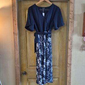 BloomChic Elegant Navy and White Midi Dress Faux Wrap Style Mother Of Groom 12
